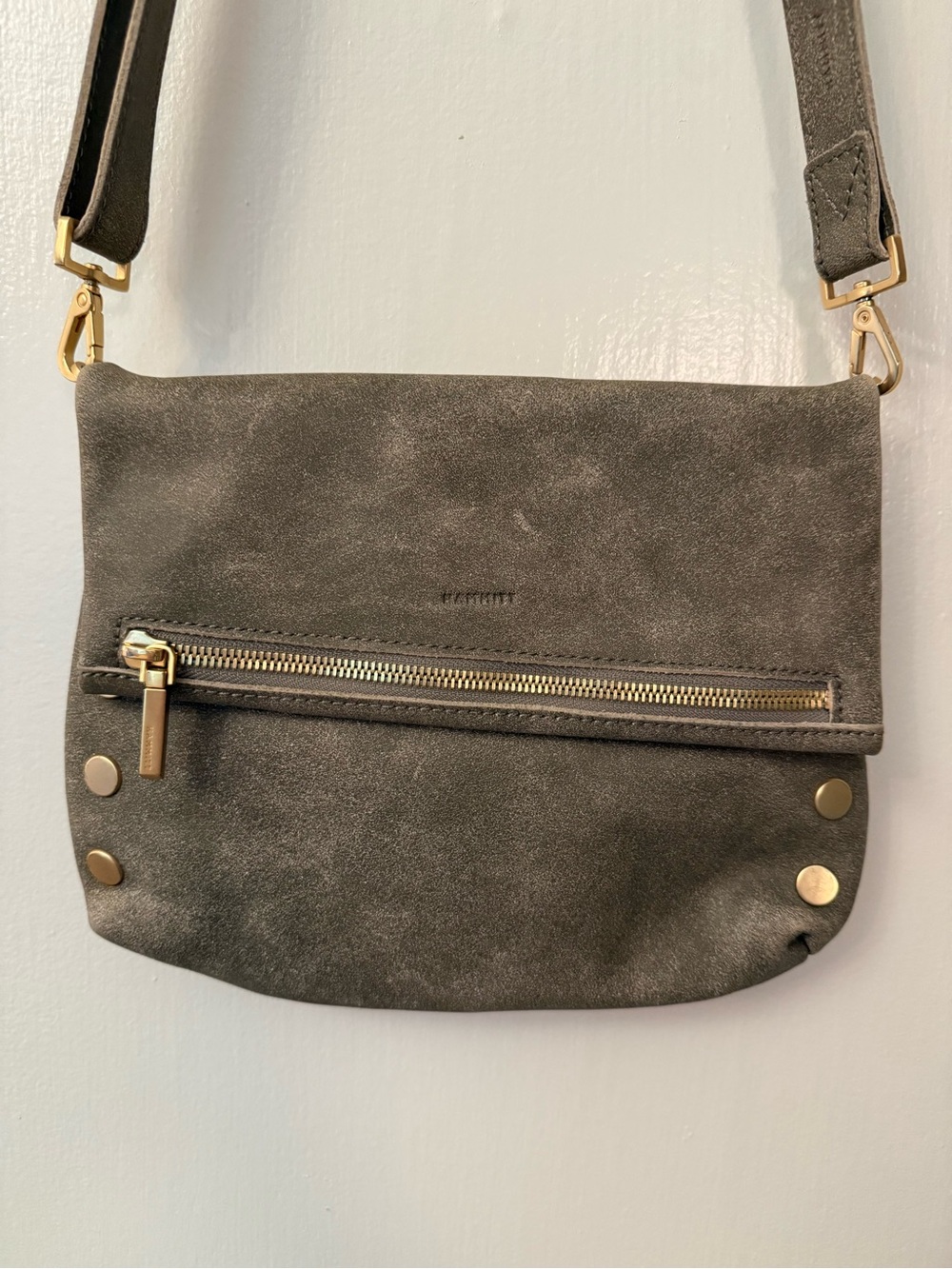 Hammitt Suede Fold-Over Crossbody in Gray with Gold Hardware